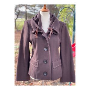 PennyBlack Brown Short Coat Gathered Collar Leather lace-Up Wool Sz 8